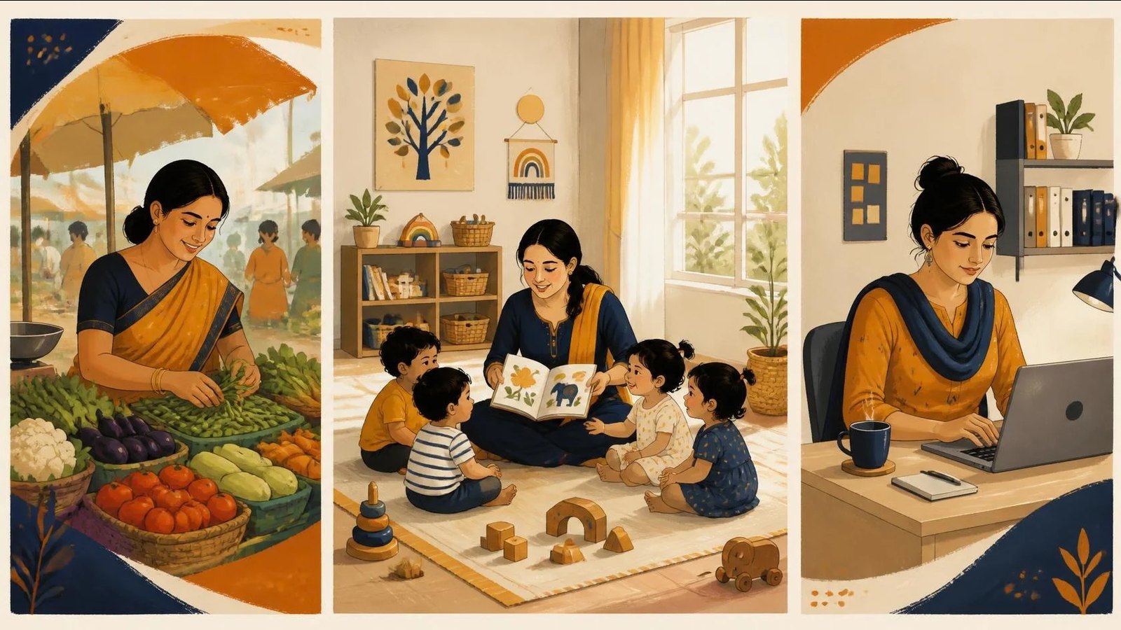 Three scenes side by side: a woman sorting vegetables at her market stall, a carer reading to toddlers in a bright creche, and a young woman working at an office desk.