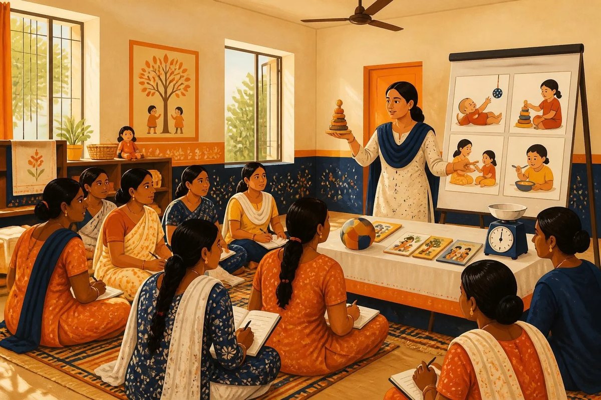 A trainer holds up a stacking toy in front of a group of women sitting on mats with notebooks, with a flip chart of child development pictures behind her.