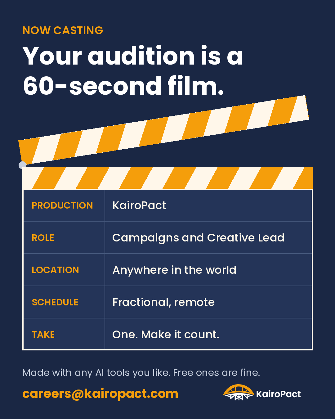Now casting: your audition is a 60-second film. Production KairoPact; Role Campaigns and Creative Lead; Location anywhere in the world; Schedule fractional, remote; Take one, make it count. careers@kairopact.com